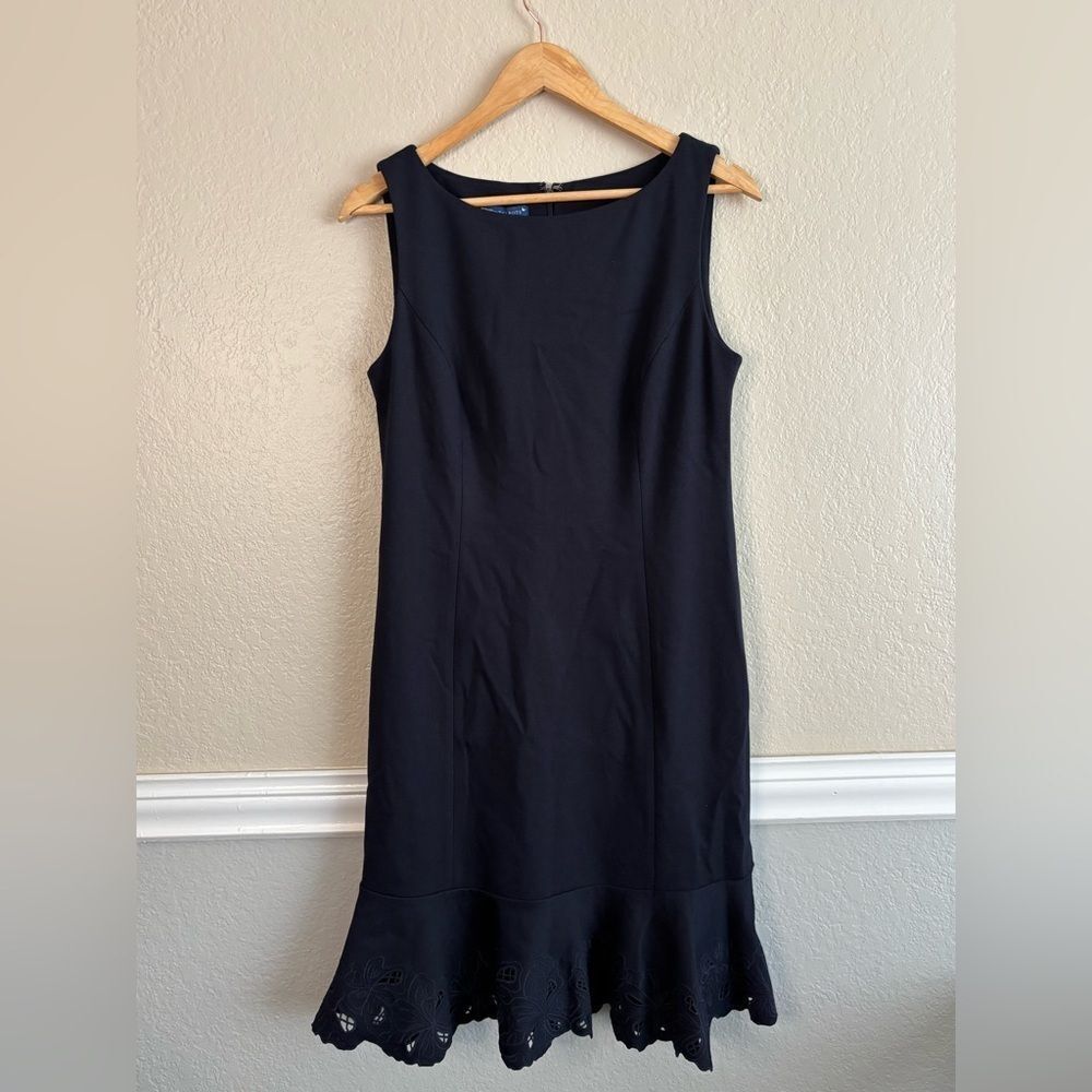 Talbots Navy Blue Ponte Sleeveless Embroidered Sheath Dress - Picture 7 of 8